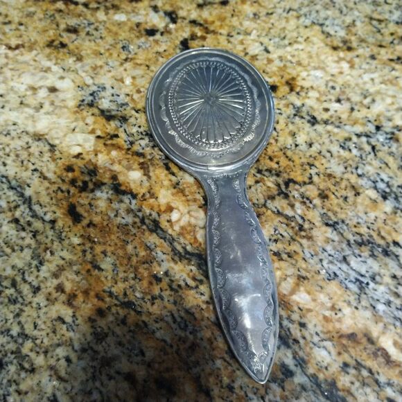 Vintage Victorian Ornate Silver Tone Handheld Vanity Round Mirror - Picture 2 of 5